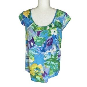 Jams World Vintage Tropical Floral Print Cap Sleeve Scoop Neck Top - S
